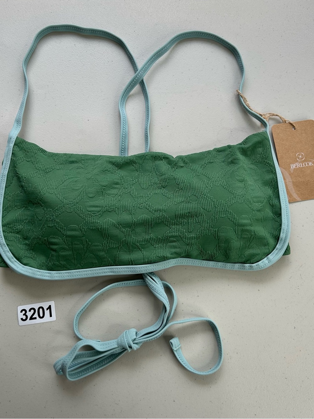 Berlook Bikini Top XL Dark Green Jacquard Crisscross Swimwear